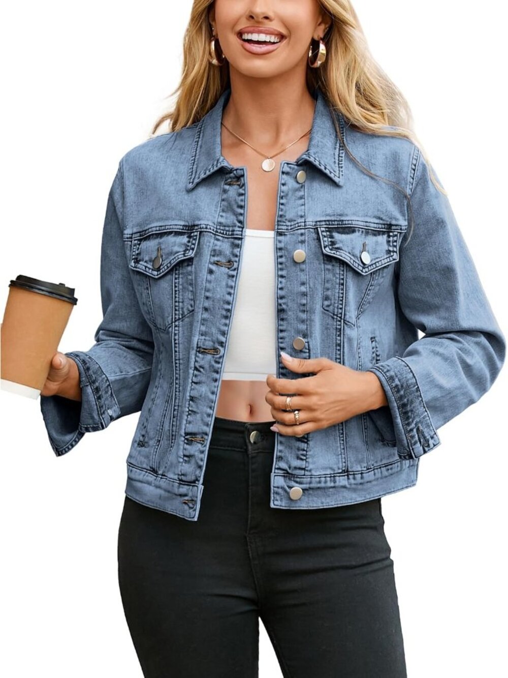 Women's Blue Basic Trendy Long Sleeve Denim Jackets Button Down With Pockets